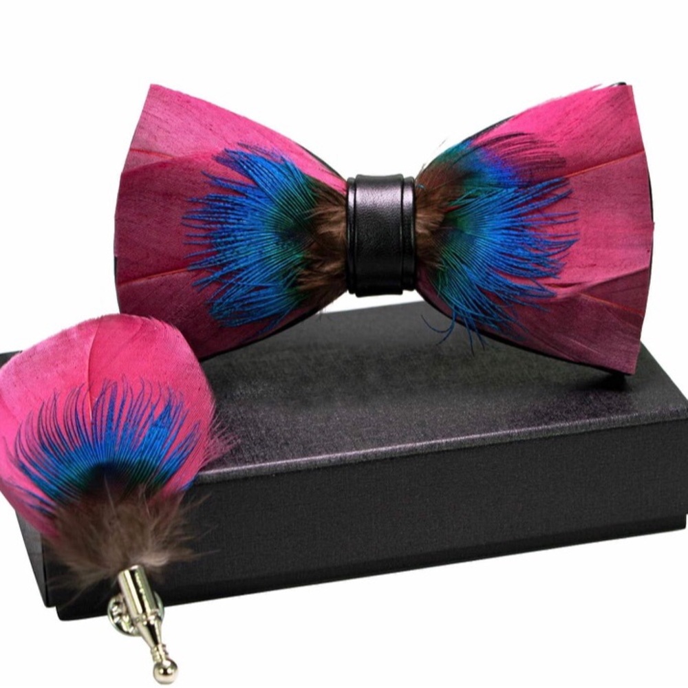 Pink Feather Bow Tie and Accessory Set